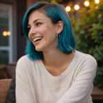 A woman with short blue hair and facial piercings, wearing a light sweater, smiles while sitting outdoors in a garden setting with string lights in the background.